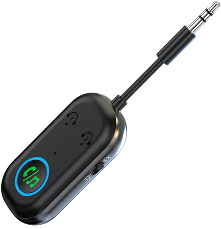 Bluetooth Adattatore Trasmettitore 5.3, 2 in 1 Ricevitore e Trasmettitore Bluetooth per TV, Auto, Cuffie, Tablet, Supporta 2 Dispositivi Simultanei, Telefono Mobile, Car Audio Systems, Jack AUX 3.5mm