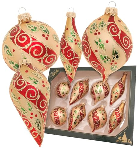 Kräfta glas Lauscha – juldekoration/julgranspynt av glas – kulor och droppformset med ilex och ränder dekor – färg: chiffong guld – storlek: ca 7–10 cm
