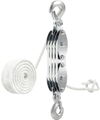 MIGUBIGU Palan Manuel à Corde 20 m Blanc, Poulie de Levage Charge Maximale 2000 kg, 8 Poulies, Poulie de Mouflage avec Crochet, Poulies de Renvoi, Corde a Cliquet pour Soulever des Objets Lourds