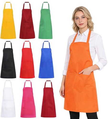 Förpackning med 10 matlagningsförkläden, förkläde för män och kvinnor, justerbart förkläde, 10 färger, tvättbara förkläden, BBQ-förkläde, hantverksförkläde, målningsförkläde, vuxen köksförkläde för