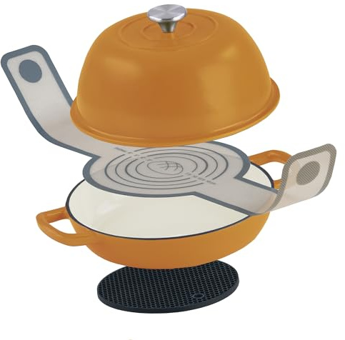 Mahlzeit Juego de cacerola de hierro fundido esmaltado, 6,4 litros, color naranja Sunny, molde para pan con soga y platillo, juego de pan, olla de hierro fundido, molde para pan con tapa, olla
