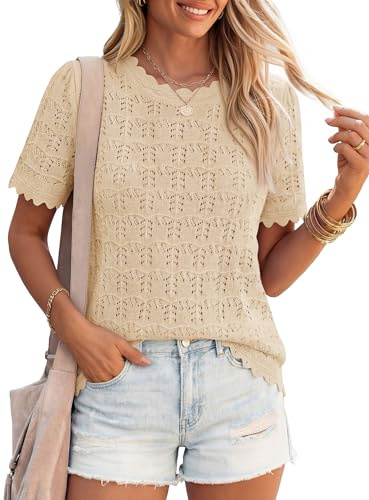 ZESICA Women's Summer Crochet Eyelet Short Sleeve Sweater Tops Apricot M
