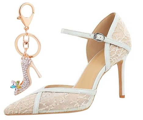 Scarpe Donna con Tacco Alto con Tacco a Spillo Pizzo Tulle 9CM Eleganti per Matrimoni, Galà (Bianco,39)