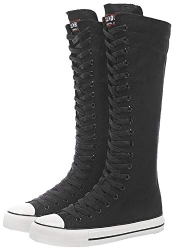 ANUFER Mädchen Damen Knie Hoch Leinwandstiefel Schnüren Reißverschluss Eben Sportschuhe Schwarz Weiße Sohle F888 EU38