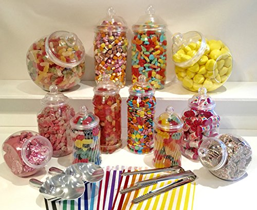 JUMBO 12 Assorted Jars 2 Scoops, 2 Tongs, 100 Bags - Vintage Victorian Pick & Mix Sweet Shop Candy Buffet Kit Party Pack (PINK)