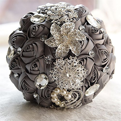 Fouriding Hand Made Diamond Pearl Satin Roses Bridesmaid Bridal Artificial Bouquets Customization Bride Holding Bouquet Wedding for Photo Shooting, Valentine's Day, Birthday,Creystal Grey