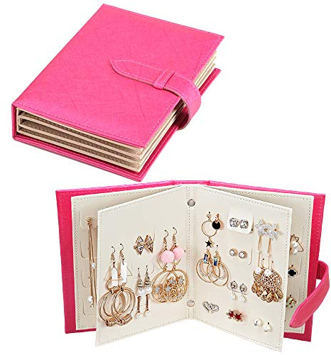 Fangoo Earring Organizer Book Design Earring Holder Travel Jewelry Storage Case Tray Holder, Capable to Hold 42 Pairs (Rose)