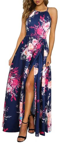 KILIG Maxi Dresses for Women UK Summer Dress Halter Neck Wedding Guest Elegant Long Dress Floral Beach Sundress(Floral-H,Small)