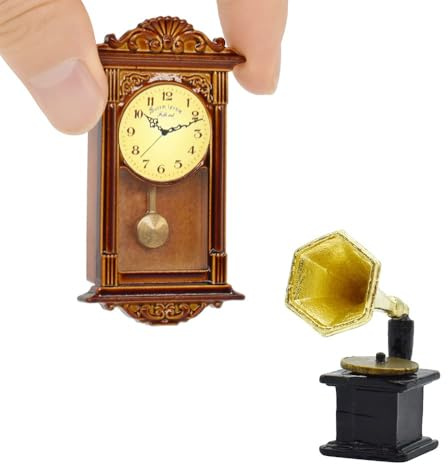 iLAND Miniature Dollhouse Accessories on 1:12 Scale, Grandfather Wall Clock and Record Player, elf Accessories