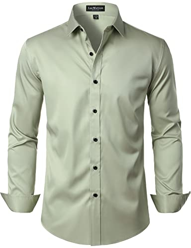 LucMatton Herren Kleid Hemd Formal Stretch Faltenfrei Langarm Slim Fit Button Down Shirts für Hochzeit Party, Mintgrau, L