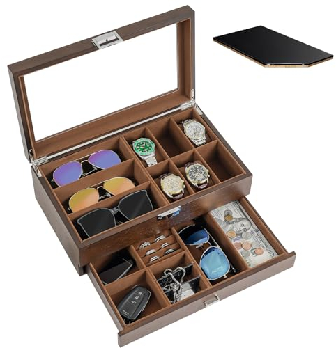 ProCase Portagioie Uomo di Lusso a 2 Livelli, Porta Orologi Uomo a 6 Posti in Legno, Custodia Orologio con Coperchio in Vetro, Scatola per Gioielli Orologio Occhiali da Sole -Espresso