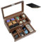 ProCase Uhrenbox Brillenbox aus Holz in Klavierlack hochglänzend, 2 Ebenen, Brillen Aufbewahrungsbox Uhrenkasten Sonnenbrillenbox mit Glasdeckel für 6 Uhren und 3 Brillen -Espresso