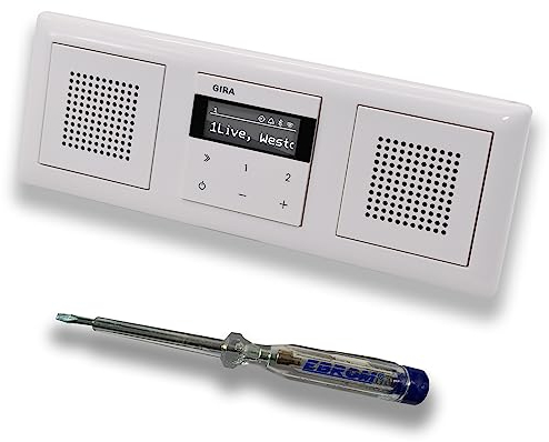 Gira Unterputz IP Internetradio 232003 + Bluetooth Komplett-Set mit 2 x Lautsprecher - System 55 - reinweiß glänzend mit 3fach Rahmen Gira 021303 inkl. EBROM Phasenprüfer zur Montage der Geräte