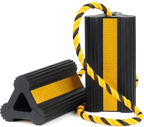 OULEME Heavy Duty Rubber Wheel Chocks, 1 Pair, Non-Slip Tire Stopper Blocks with Rope, for RV Camper Travel Trailers Motorhome Aircraft Car Truck
