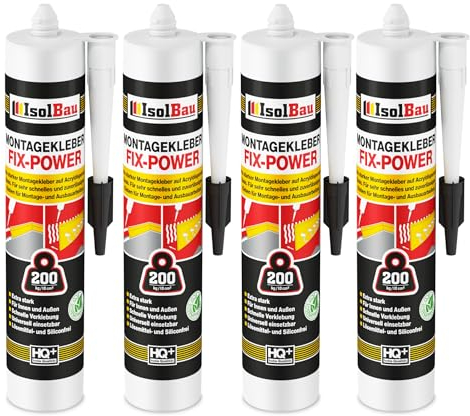 Isolbau Montagekleber Fix-Power - 4 x 480 g Styroporleber, Kraftkleber, Alleskleber, Baukleber für Innen- & Außenbereich - 200 kg / 10 cm - Weiß
