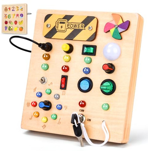 MILFECH Montessori Spielzeug Busy Board mit LED Lichtschalter Activity Board Holzspielzeug,17 LED Motorikspielzeug Sensorik Spielzeug Lernspielzeug für Babys Kleinkinder Jungen Mädchen ab 1 2 3 4 Jahr