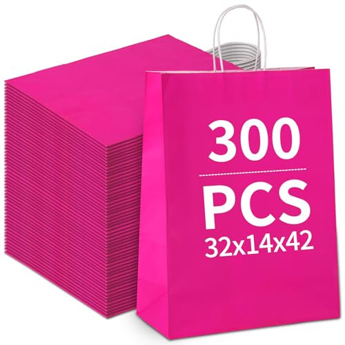 Papiertüten Bunt, Papiertüten mit henkel, Candy Tüten zum Verpacken von Kindergeburtstag, Party, Geschenken, Hochzeiten, Feiern (Pink-32x14x42cm-275pcs)