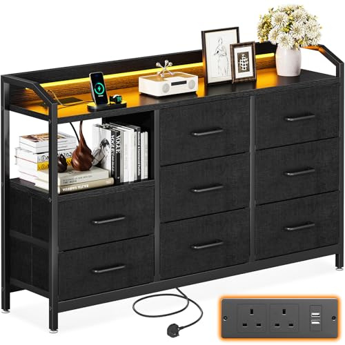 ODK Black Chest of Drawers Bedroom, with LED Light trip with 10 Adjustable Colors and 2 USB and 2 AC Outlets, Includes 8 Large Fabric Drawers, Suitable for Bedroom, Living Room, 110 * 30 * 88, Black