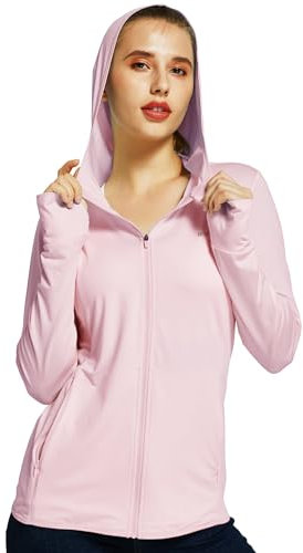 WILLIT Veste de course pour femme - Manches longues - Protection solaire - Sweat à capuche - T-shirt de course UV - UPF 50 - Veste légère - Yoga - Fitness - Sport - Randonnée - Avec poches, Rose, S