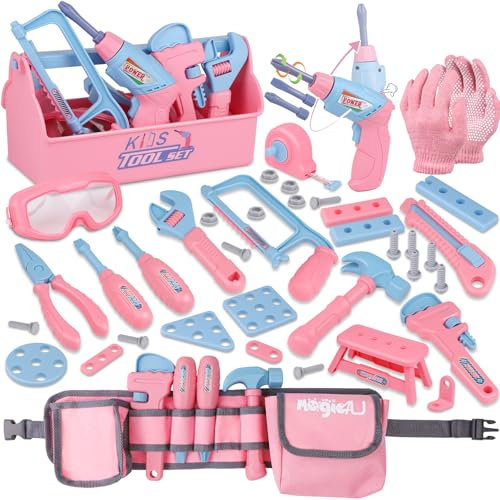 Magic4U Werkzeugkoffer Kinder,Werkzeuggürtel,Bohrerspielzeug,Werkzeugkasten,Bauwerkzeug Spielzeug,Kinder Werkzeug Set,Arbeitswerkzeuge,Kinderwerkzeug Spielzeug Junge Mädchen ab 3 4 5 6 7 8 Jahre