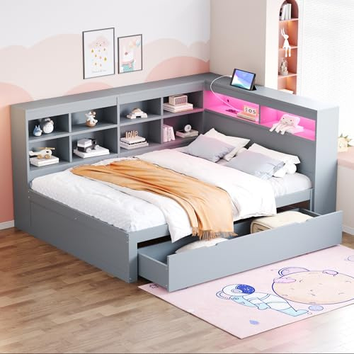 MOBETTRES Bäddsoffa, utdragbar säng med USB-uttag och flera förvaringsfack, massiv träsäng, enkelsäng, multifunktionssäng (grå – A, 140 x 200)