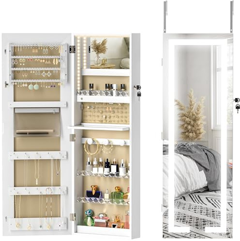 HOMCOM Espejo Joyero de Pared con Luces LED y Cerradura Blanco Forro Crema