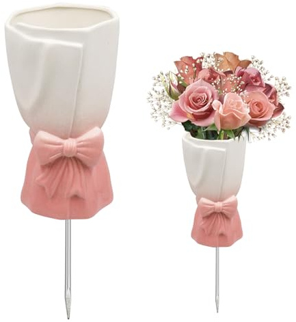 Cemetery Vase for Grave Decorations with Metal Spike, Ceramics Vase for Memorial Markers, Graveside Decor Sign for Outdoor Yard Lawn