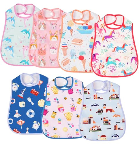 Aolso Baby Feeding Bibs, 7pcs Waterproof Weaning Bandana with Large Pocket for Drool and Food, Suitable for Toddler Infant Kids (Girl-B)