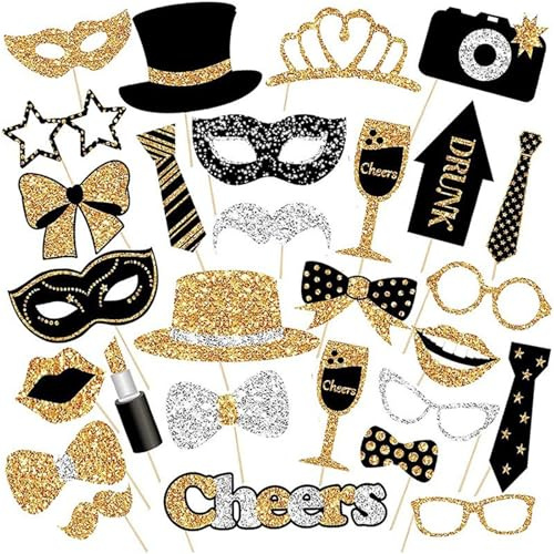 Copbopwn 30Pcs Photo Booth Props, Black and Gold Party Decorations, Funny Party Props with Moustache, Lips, Glasses & More for Wedding, Birthday, Christmas, New Year Eve Decorations