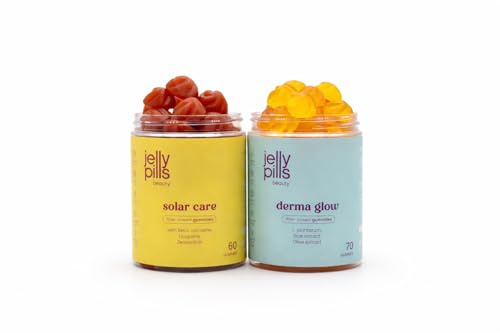Jelly Pills Pack Preparación Solar & Cuidado de la Piel – Solar Care Betacaroteno + Licopeno y DERMA Probióticos – 60 + 70 Gummies Veganas – Sin Azúcares Añadidos – Sabor Fresa y Plátano