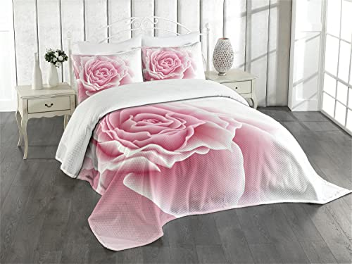 ABAKUHAUS Blassrosa Tagesdecke Set, Rosenblätter Schönheit, Set mit Kissenbezügen Romantischer Stil, für Doppelbetten 264 x 220 cm, Pale Pink White