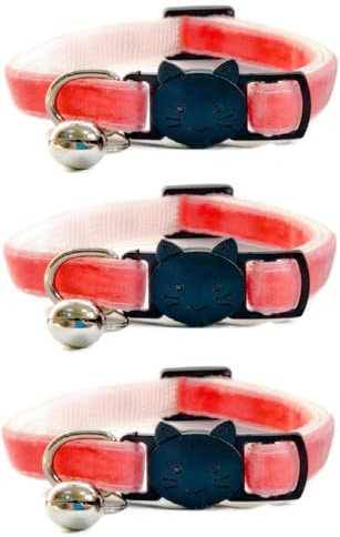 Velvet Cat Collars with Bell. Safe Breakaway Quick Release Buckle. Available in Cat & Kitten Size (Pack of 3) (Kitten Collar (15cm - 23cm), Salmon Red Velvet (Pack of 3))
