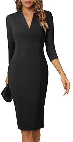 HOMEYEE Robe Crayon Moulante à Manches 3/4 et Col en V pour Femme Robe Fourreau Mi-Longue Business B760 (M, Noir)