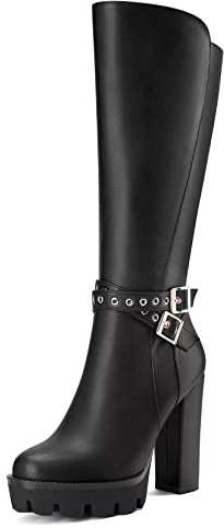 Castamere Donna Chunky Blocco Alto High Tacco Heel Chiusa Rotonda Punta Metà polpaccio Cerniera Fibbia Ufficio Classico Stivali Nero 40 EU
