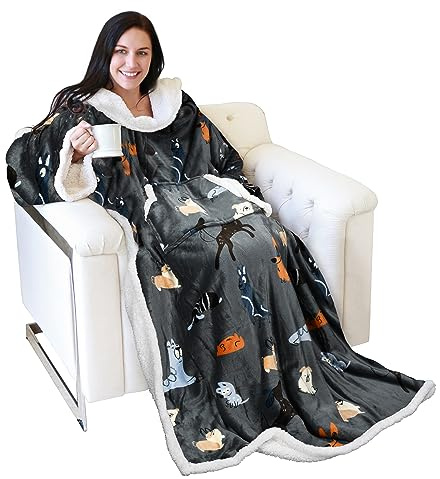 Manta de TV Manta de Peluche con Mangas y Bolsillos Manta de Doble Cara Microfelpa Polar Sherpa Mantas cálidas Regalo para Adultos Mujeres Hombres 185 cm x 140 cm
