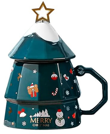 Ceolup Tazzine da caffè Albero di Natale | Tazza da caffè a Forma di Albero con Coperchio e Cucchiaio | Simpatiche Tazze per tè, Latte, Decorazioni Natalizie, Regali per colleghi, tè e Cioccolata
