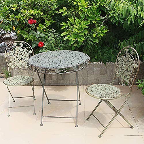 WOTZOV Bistro-Set für draußen – klappbares Gartenmöbel-Set im Vintage-Stil – wetterfester Esstisch und 2 Stühle aus Metall – romantischer Stil