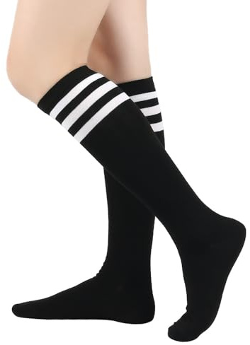 BrightGlow Medias hasta la rodilla para mujer, calcetines altos retro con rayas, muslo largo, calcetines altos, medias a rayas, calcetines deportivos, talla única, Negro., Talla única