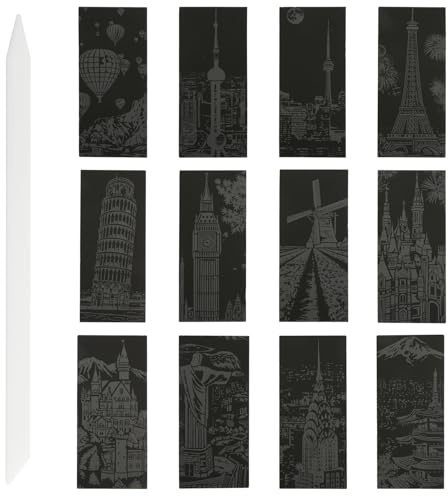 Bojueshaw 12PCS Classic Landmark Scratch Art Paper – Travel Ticket Inspired DIY Scratch Art for Iconic World City Skylines – Creative Toy and Craft Activity