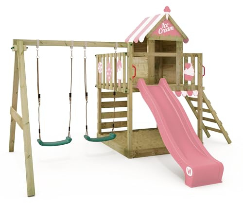 Gioco da giardino WICKEY Smart Candy con altalena, telone e scivolo, struttura da esterno per bambini con sabbiera, scaletta e accessori da gioco - rosa pastello