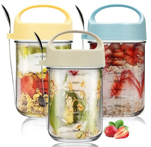 SYBYZF 3Pcs 430ml Overnight Oats Jars with Lids & Spoons, Glass Yogurt Pots with Scale, Reusable Breakfast Cereal Containers for Oats, Milk, Porridge, Salads