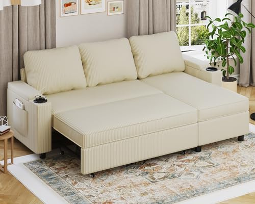 Devoko Divano Letto Chaise Longue a Forma di L, Divano da Salotto Cheslong a 3 Posti Convertibile in Letto, con Contenitore Integrato e Portabicchieri, Tessuto Morbido Beige