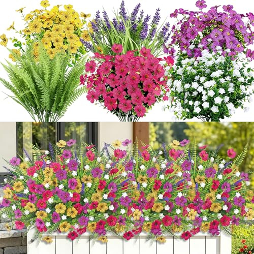 Betylifoy 12 paquetes de flores artificiales para exterior, flores artificiales como plantas de balcón reales, resistentes a la intemperie, resistentes a los rayos UV, flores artificiales, primavera