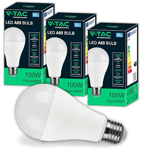 V-TAC 3x Bombillas LED A65 15W – SUPER LUMINOSAS – 1521 Lúmenes – E27 – Bombillas de Nueva Generación – Equivalente a 100W – Pack de 3 – Luz Blanca Cálido 3000K