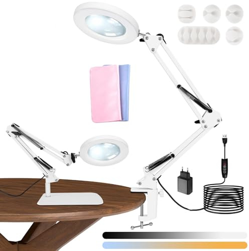 JOYBOY förstoringsglas med ljus och stativ, justerbar lampa med förstoringsglas, 10 x lupplampa, LED förstoringsgla, dimbar lupplampa med klämma, 3 färglägen för hantverk hobby målning stängning