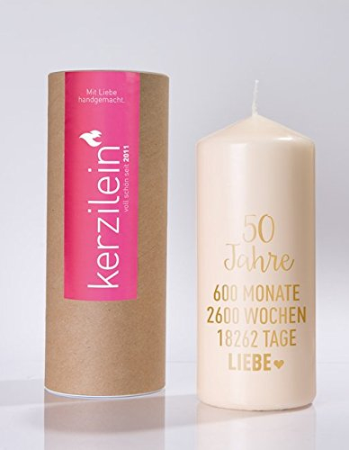 Kerze / Stumpen-Kerze / Hochzeits-Kerze / Trau-Kerze Goldene Hochzeit 50 Jahre Kerze in weiß mit Aufdruck in Gold - Hochzeits-Deko - Hochzeits-Jubiläum - Goldene Hochzeit - von Kerzilein