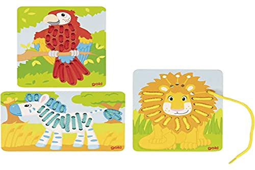 Goki Fädelspiel Papagei, Löwe, Zebra: 12 x 16,5 cm, Holz, 3 Teile, 6 Schnüre, per Set