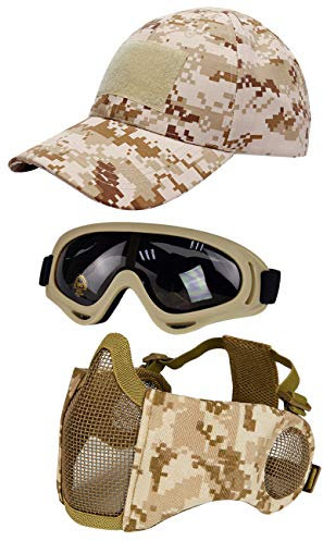 Hodeacc 3 Pcs Tactical Airsoft Mask Goggles Baseball Cap Set,Adjustable Half Face Mesh Mask with Ear Protection,Airsoft Glasses Eye Protection Outdoor Hat for Outdoor BB/CS Game
