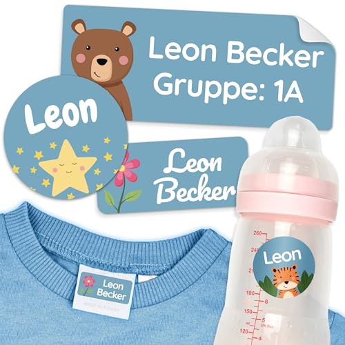 melu kids® Set de Etiquetas para Ropa Personalizadas Guardería (50 piezas) - Pegatinas Personalizadas, Etiquetas Ropa Niños y Objetos, Impermeable y en Diferentes Tamaños - Azul