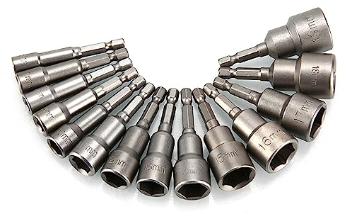 Sporgo Juego de llaves de vaso de 1/4: 6 – 19 mm, 14 unidades, accesorios para destornillador inalámbrico, llave de impacto, juego de llaves de vaso hexagonales, adaptador de tuerca